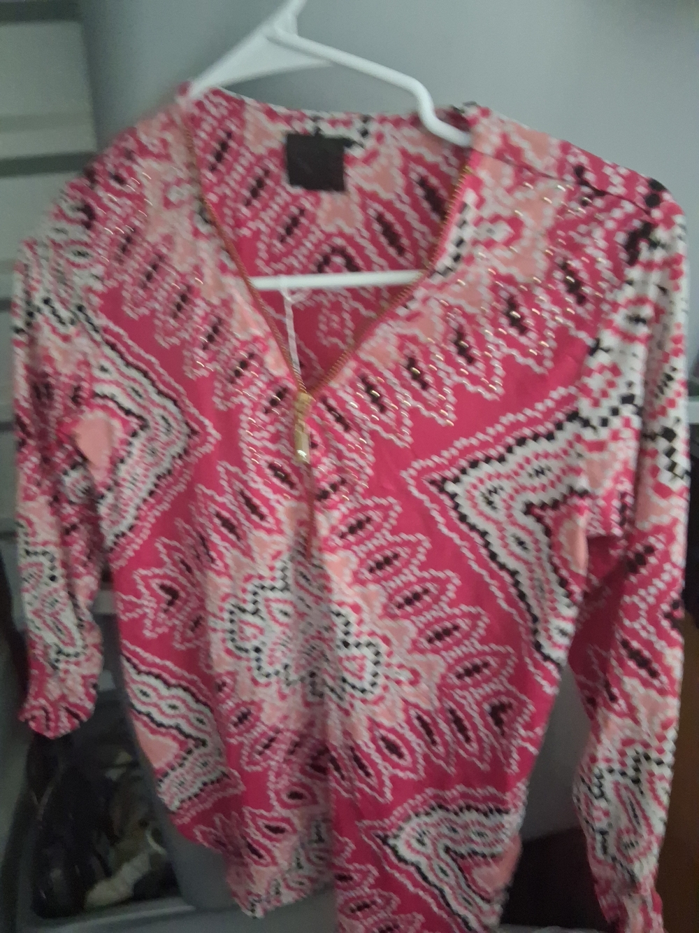 Pink Patterned V-Neck Long Sleeve Blouse with Zip Detail